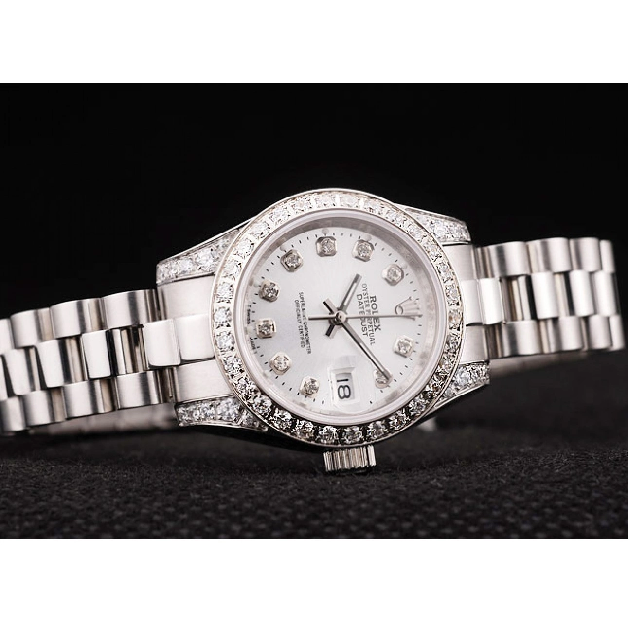 Aaa replica Brushed White DateJust Rolex Diamond Plated Dial Steel Case Diamond Stainless Bezel Plated 0816